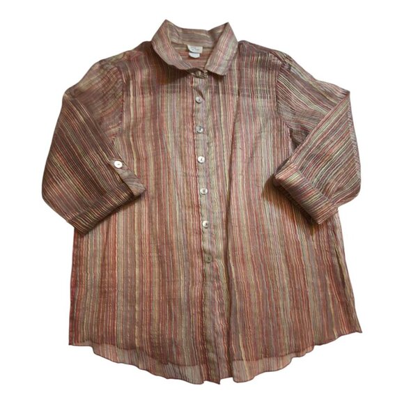 VTG Burnout Top Striped Sheer Button-Up Roll Tab Made In USA Grace & Tara Large - Picture 1 of 7